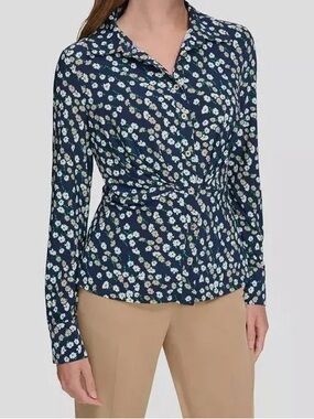 Tommy Hilfiger Like New Navy Floral Button-Down Twist Front Blouse